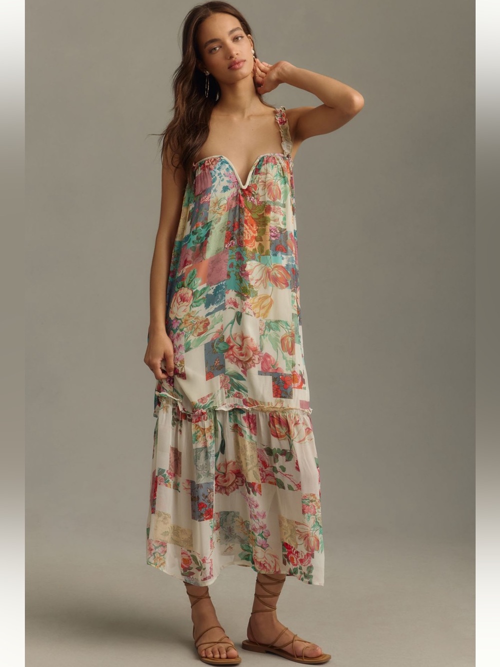 Anthropologie Cream Multi Floral Patchwork Maxi Dress NWT